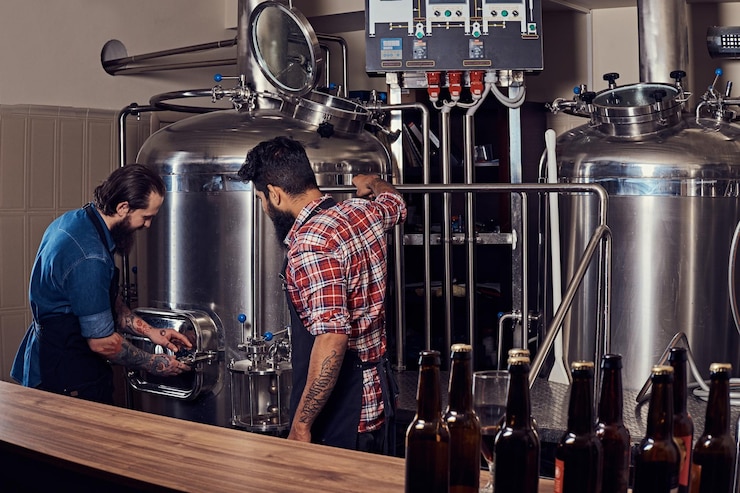Kostenlose Foto zwei bärtige hipster-männer in einer schürze, die in der brauereifabrik arbeiten.
