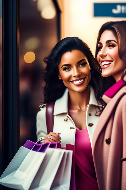 Zwei Frauen lächeln und halten Einkaufstüten vor einem Geschäft.