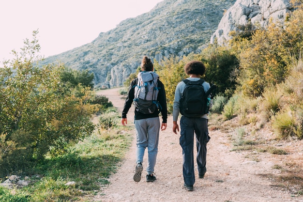 Zwei Freunde, die zusammen wandern