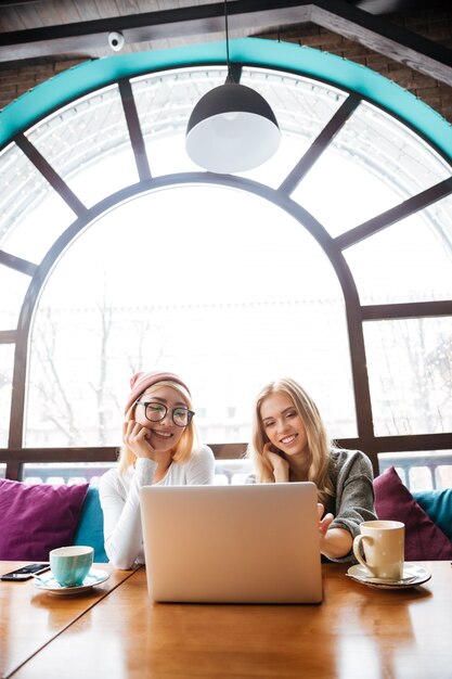 Zwei fröhliche Frauen sitzen und benutzen Laptop im Café