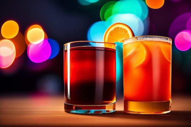 Kostenloses Foto zwei gläser cocktails auf einem tisch mit bunten lichtern im hintergrund.