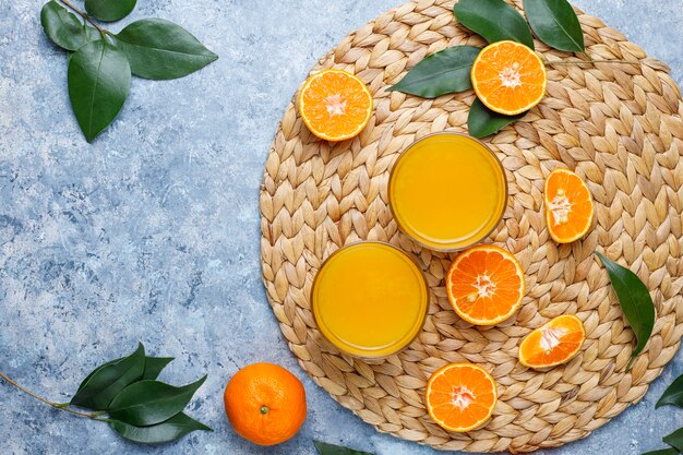 Zwei Gläser organischer frischer Orangensaft mit rohen Orangen, Mandarinen