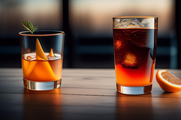 Zwei Gläser Whiskey stehen auf einem Tisch mit einem Glas Eis und einem Glas Eis.