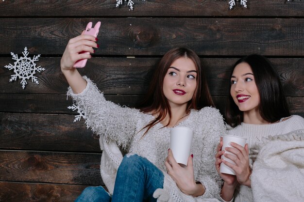 Zwei hübsche junge lustige Freundinnen, die lächeln und Spaß haben, machen salfie