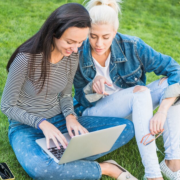 Zwei junge Frauen, die Laptop im Park verwenden