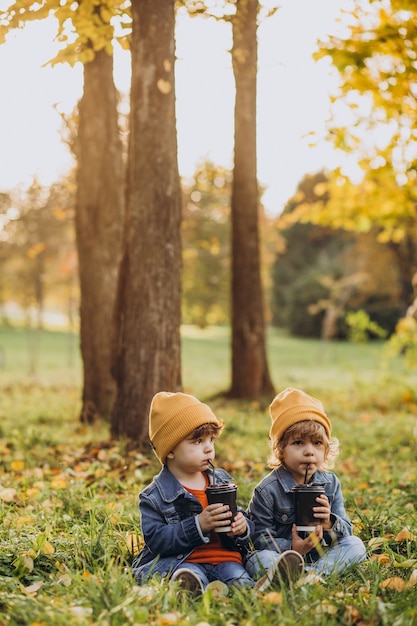 Kostenloses Foto zwei kleine brüder sitzen auf gras und trinken tee