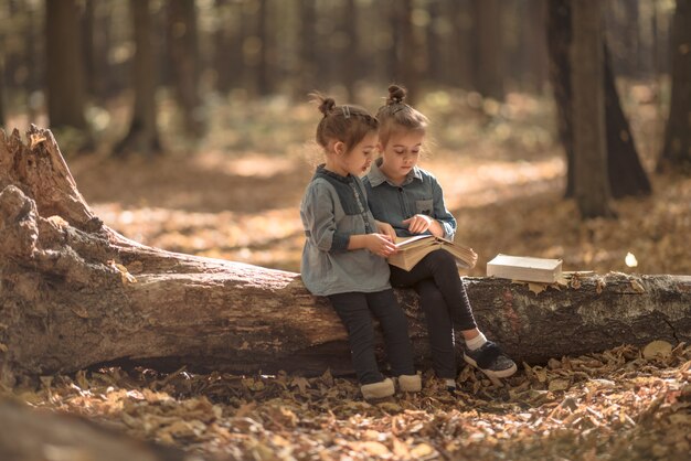 zwei kleine Mädchen lesen Bücher im Wald.