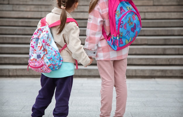 Zwei kleine Mädchen mit schönen Rucksäcken auf dem Rücken gehen Hand in Hand hautnah zur Schule. Kindheitsfreundschaftskonzept.