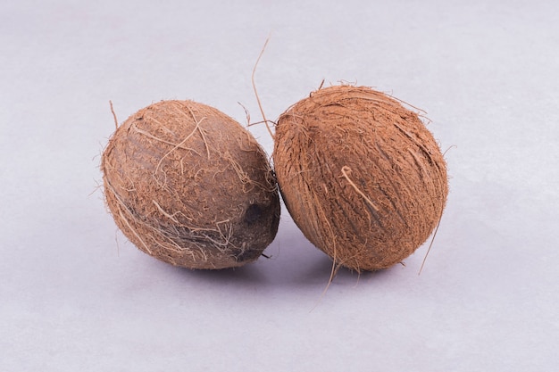 Zwei Kokosnüsse isoliert auf weißer Oberfläche.
