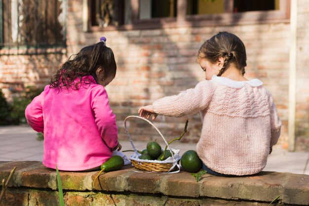Zwei Mädchen, die mit grünen Avocados im Korb sitzen