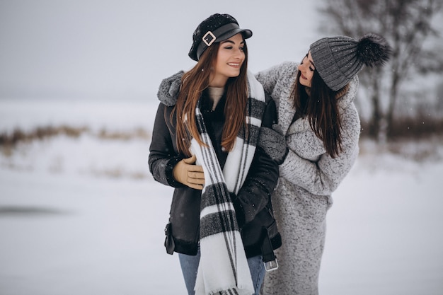 Zwei Mädchen, die zusammen in einen Winterpark gehen