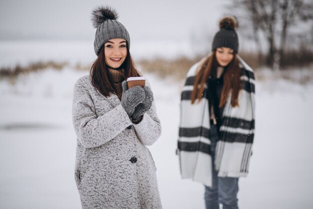 Zwei Mädchen, die zusammen in einen Winterpark gehen