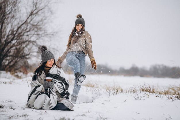 Zwei Mädchen, die zusammen in einen Winterpark gehen