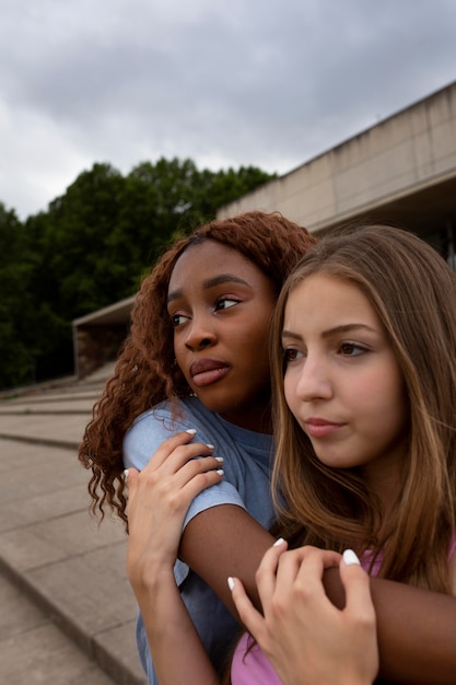 Kostenloses Foto zwei mädchen im teenageralter posieren zusammen, während sie zeit im freien verbringen