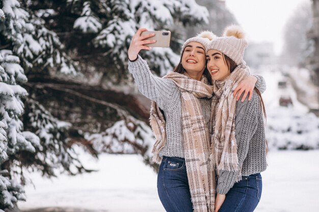 Zwei Mädchenzwillinge zusammen im Winterpark