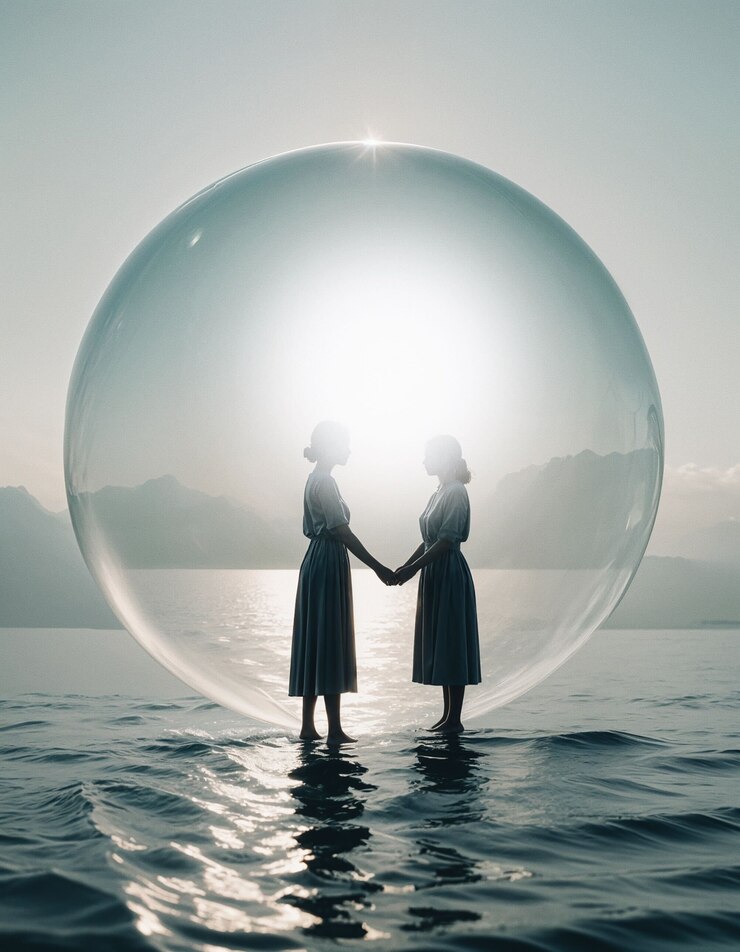 Kostenlose Foto zwei menschen in einer blase über dem meer