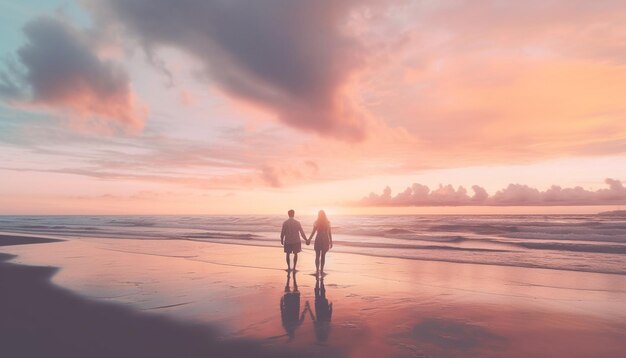 Zwei Personen, die Händchen haltend am Strand spazieren gehen, generiert von KI