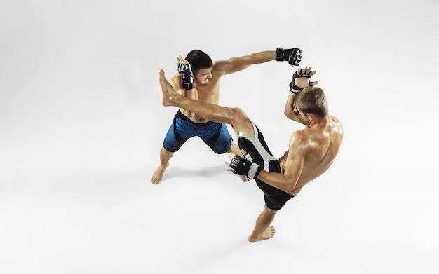 Kostenloses Foto zwei professionelle mma-kämpfer, die auf weißem studio isoliert boxen.