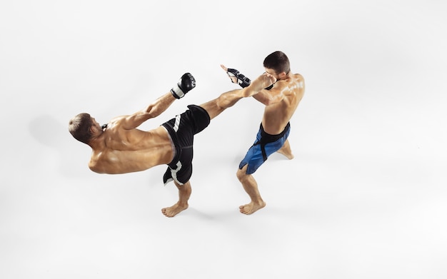 Zwei professionelle MMA-Kämpfer, die auf weißem Studio isoliert boxen.