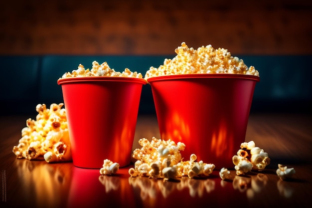 Zwei rote Plastikeimer mit Popcorn auf einem Tisch mit einem, auf dem Popcorn steht.