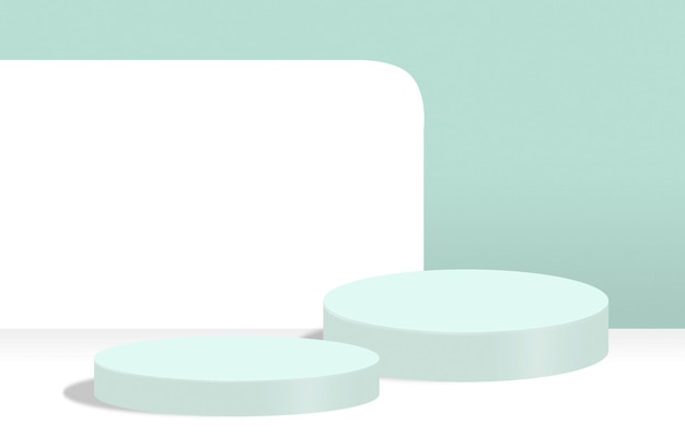 Zwei runde plattformen zur produktpräsentation auf abstraktem weißem und hellblauem hintergrund