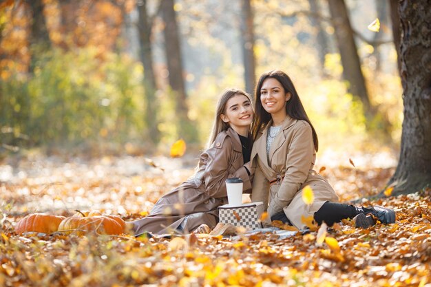 Zwei schöne Freundinnen verbringen Zeit auf einer Picknickdecke im Gras. Zwei junge lächelnde Schwestern machen ein Picknick und essen Croissants im Herbstpark. Brunette und blonde Mädchen, die Mäntel tragen.