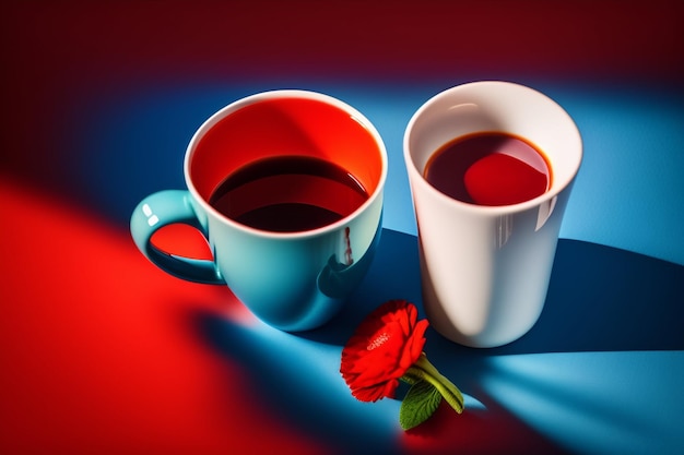 Kostenloses Foto zwei tassen kaffee mit einer roten blume auf der linken seite.