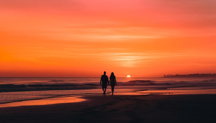Kostenlose Foto zwei verliebte menschen, die am strand spazieren gehen, generiert von ki