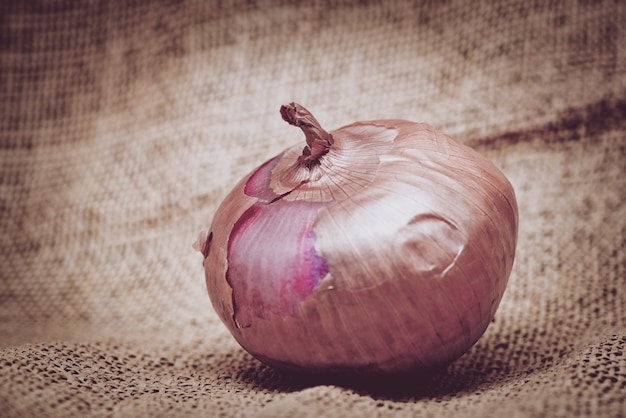 Zwiebel auf Sackleinen Hintergrund