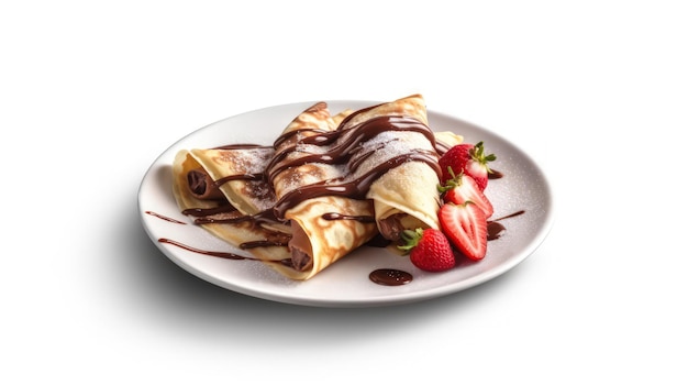 001_Un plato de crepes con fruta fresca y Nutella untada sobre un fondo blanco IA generativa