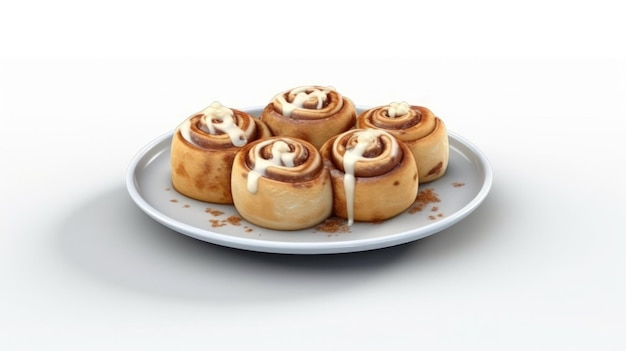 009_Un plato de rollos de canela con un relleno de mantequilla y glaseado de queso crema sobre un fondo blanco IA generativa