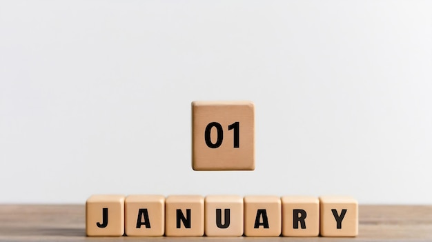 01. Januar auf hölzernen Buchstabenblöcken auf weißem Hintergrund