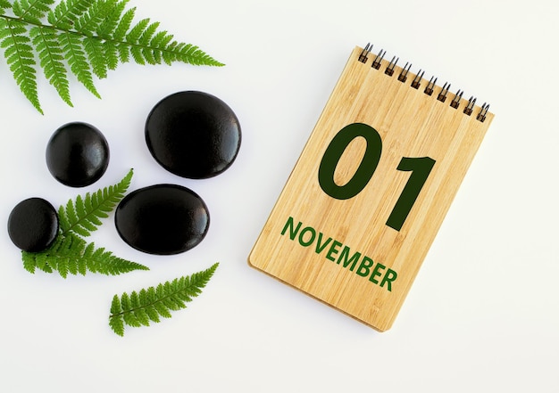 01 de noviembre 01 día del mes calendario fecha Bloc de notas negro SPA piedras hojas verdes Mes de otoño día del año concepto