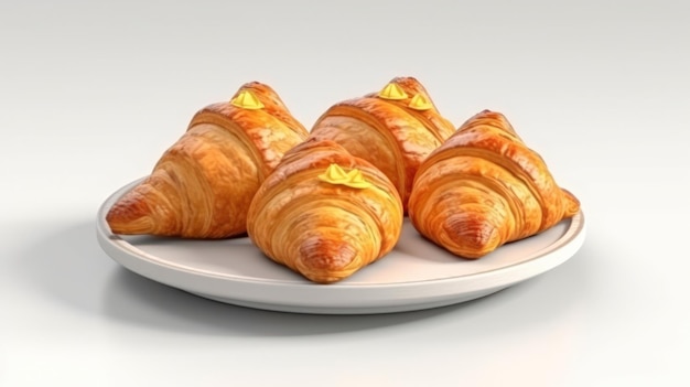 024_Un plato de croissants recién horneados con mantequilla y mermelada sobre un fondo blanco IA generativa