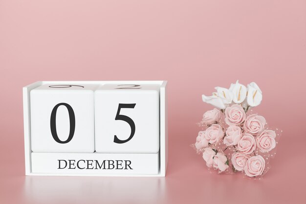 05. Dezember. Tag 5 des Monats. Kalenderwürfel auf modernem rosa Hintergrund, Konzept des Geschäfts und einem wichtigen Ereignis.