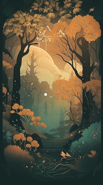 066 bosque encantado diseño de cartel gráfico tonos de tierra papel tapiz IA generativa