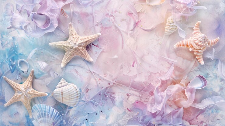Foto 07250736 199 um desenho abstrato detalhado com estrelas-do-mar e conchas em uma paleta de cores pastel os rosas suaves azuis e lila se entrelaçam formando um lindo e sereno litoral inspirado