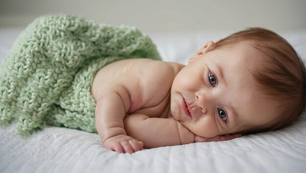 1 Adorable bebé en un dormitorio blanco y soleado Niño recién nacido relajándose en la cama Nursery para niños pequeños