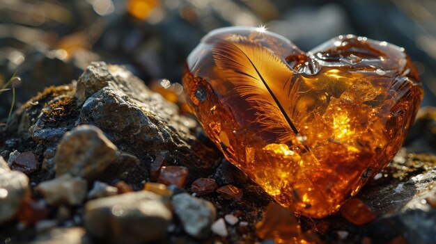 1 Cheeselog Nahaufnahme einer Falkenfeder, die in einem gelb-goldenen Amber-Nugget in Form eines Herzens gefangen ist