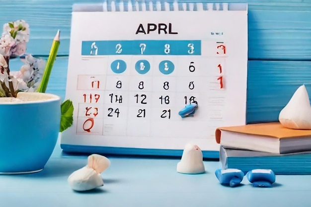 1 de abril como lembrete da data do dia dos tolos em calendário de mesa azul conceito de celebração