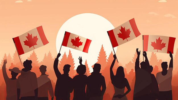 1º de julho Feliz dia do Canadá ilustração de pessoas com bandeira do Canadá Generative ai