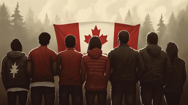 1º de julho Feliz dia do Canadá ilustração de pessoas com bandeira do Canadá Generative ai