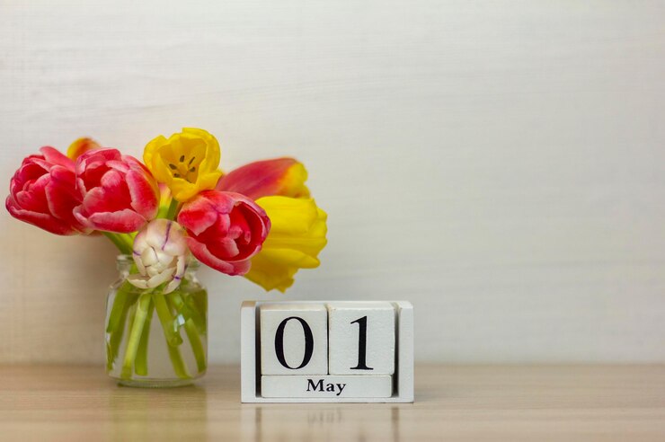 1 de maio em um calendário de madeira ao lado de um buquê de tulipas. Um dia do mês da primavera.