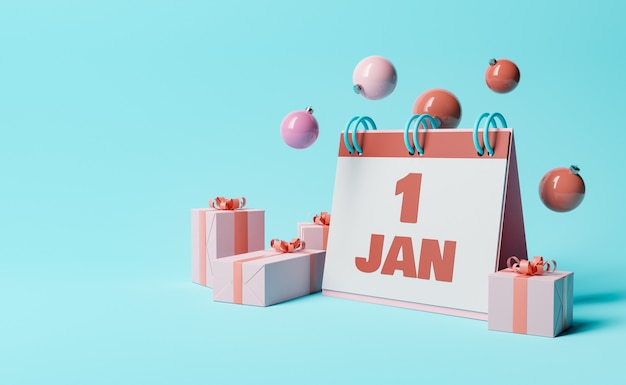 1 de enero calendario con cajas de regalo.