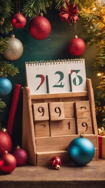 Foto 1 de enero composición navideña en fondo coloreado con un calendario de madera con una caja de regalos juguetes ba