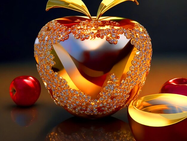 1 manzana de cristal dentro de la manzana hay gemas y anillos de oro Foto de alta calidad 8k ultra HD hacia abajo