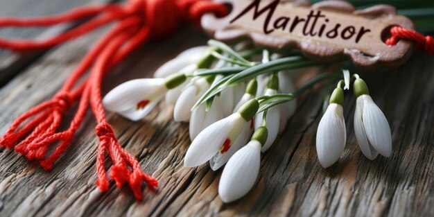 1 de marzo cordón rojo martisor gotas de nieve en fondo de madera espacio de copia de banner