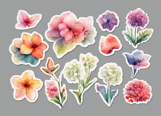 10 adesivos de flores toda a página está cheia de adesivos aquarela design aquarela estilo