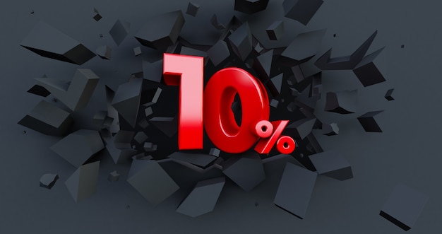 10 diez por ciento de venta. Idea de viernes negro. hasta 10%. Pared negra rota con 10% en el centro