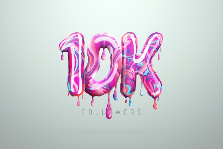 Foto 10 k follower melden sich in form von leckeren bonbons, schmelzenden süßigkeiten an. vielen dank 10.000 follower kreativen hintergrund. modernes design, abstrakte vorlage, poster, flyer. 3d-darstellung, 3d-rendering.